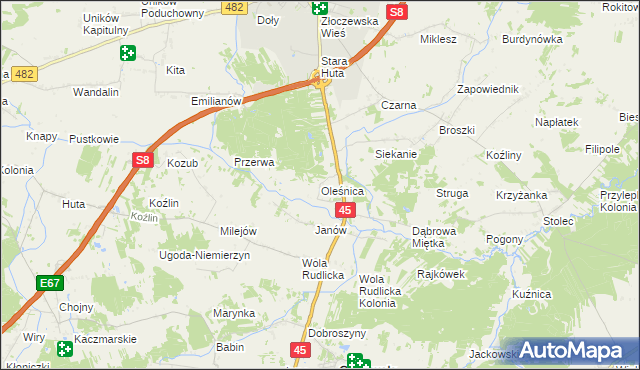 mapa Oleśnica gmina Ostrówek, Oleśnica gmina Ostrówek na mapie Targeo