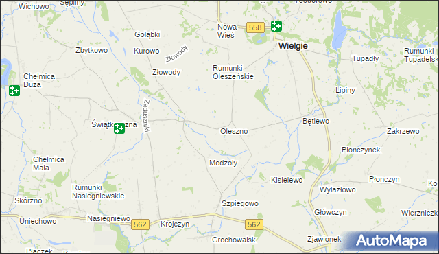 mapa Oleszno gmina Wielgie, Oleszno gmina Wielgie na mapie Targeo