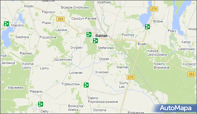 mapa Olszak gmina Babiak, Olszak gmina Babiak na mapie Targeo