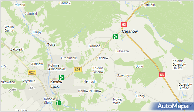 mapa Olszew gmina Ceranów, Olszew gmina Ceranów na mapie Targeo