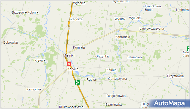 mapa Olszynka gmina Korycin, Olszynka gmina Korycin na mapie Targeo