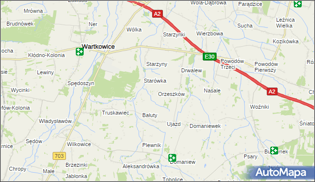 mapa Orzeszków gmina Wartkowice, Orzeszków gmina Wartkowice na mapie Targeo