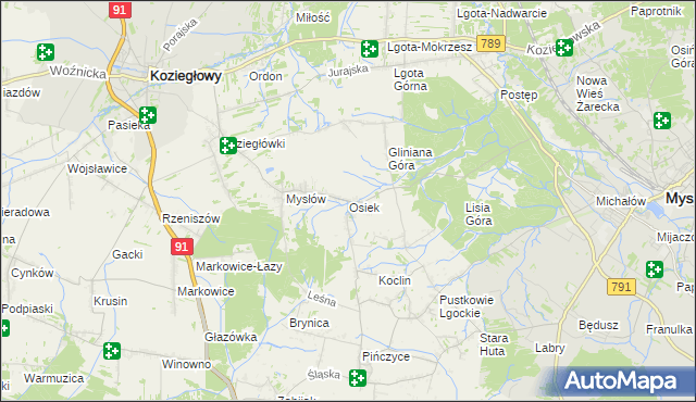 mapa Osiek gmina Koziegłowy, Osiek gmina Koziegłowy na mapie Targeo