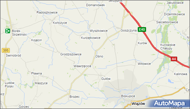 mapa Ośno gmina Wiązów, Ośno gmina Wiązów na mapie Targeo