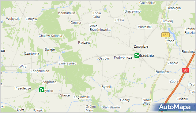 mapa Ostrów gmina Brzeźnio, Ostrów gmina Brzeźnio na mapie Targeo