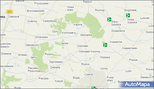 mapa Ostrówek gmina Grabów, Ostrówek gmina Grabów na mapie Targeo