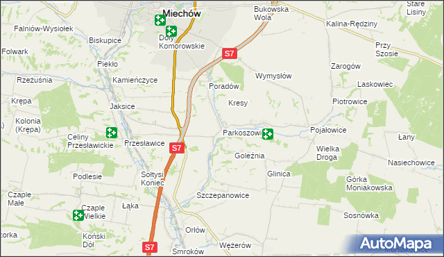 mapa Parkoszowice gmina Miechów, Parkoszowice gmina Miechów na mapie Targeo