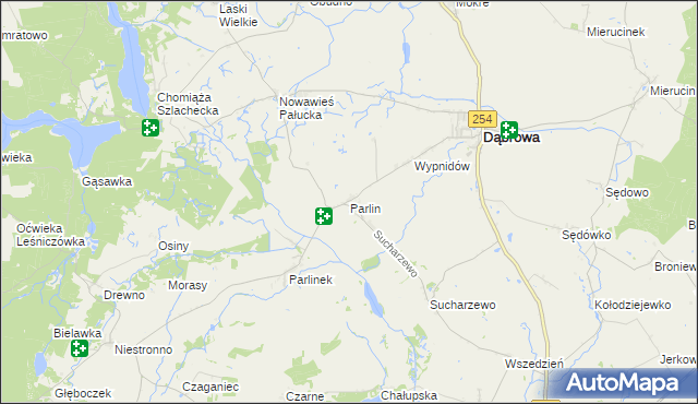 mapa Parlin gmina Dąbrowa, Parlin gmina Dąbrowa na mapie Targeo