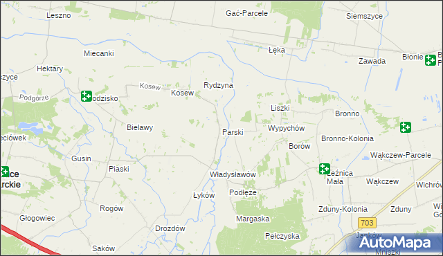 mapa Parski gmina Świnice Warckie, Parski gmina Świnice Warckie na mapie Targeo