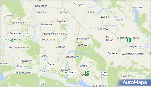 mapa Pawęzów gmina Oksa, Pawęzów gmina Oksa na mapie Targeo