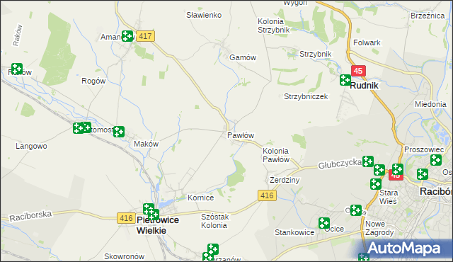 mapa Pawłów gmina Pietrowice Wielkie, Pawłów gmina Pietrowice Wielkie na mapie Targeo