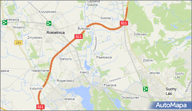 mapa Pawłowice gmina Rokietnica, Pawłowice gmina Rokietnica na mapie Targeo