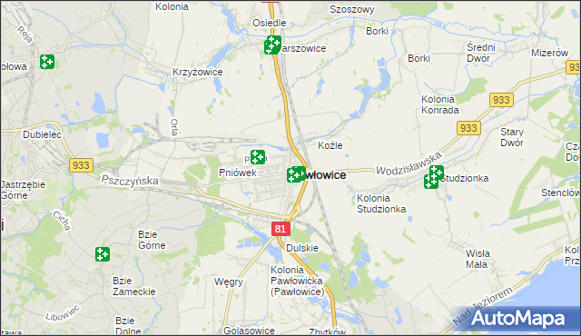 mapa Pawłowice powiat pszczyński, Pawłowice powiat pszczyński na mapie Targeo