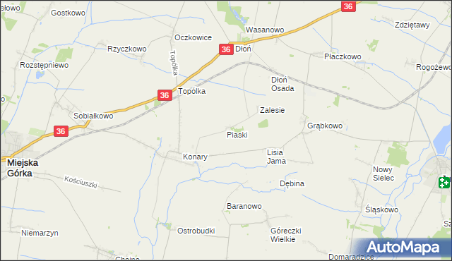 mapa Piaski gmina Miejska Górka, Piaski gmina Miejska Górka na mapie Targeo
