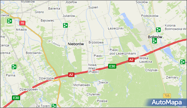 mapa Piaski gmina Nieborów, Piaski gmina Nieborów na mapie Targeo