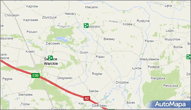 mapa Piaski gmina Świnice Warckie, Piaski gmina Świnice Warckie na mapie Targeo