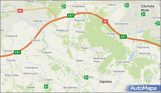 mapa Piaski gmina Zduńska Wola, Piaski gmina Zduńska Wola na mapie Targeo