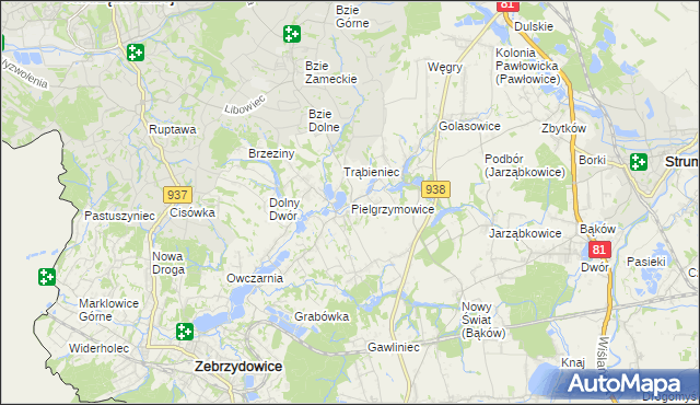 mapa Pielgrzymowice gmina Pawłowice, Pielgrzymowice gmina Pawłowice na mapie Targeo