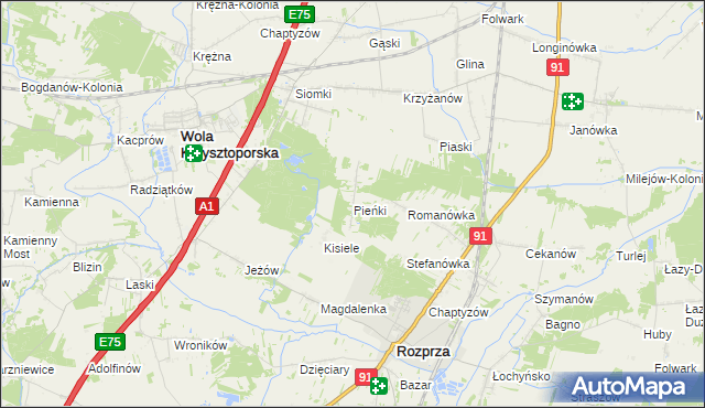 mapa Pieńki gmina Rozprza, Pieńki gmina Rozprza na mapie Targeo