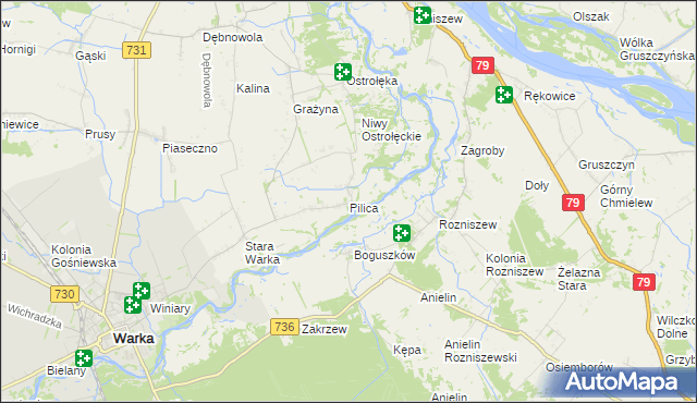 mapa Pilica gmina Warka, Pilica gmina Warka na mapie Targeo