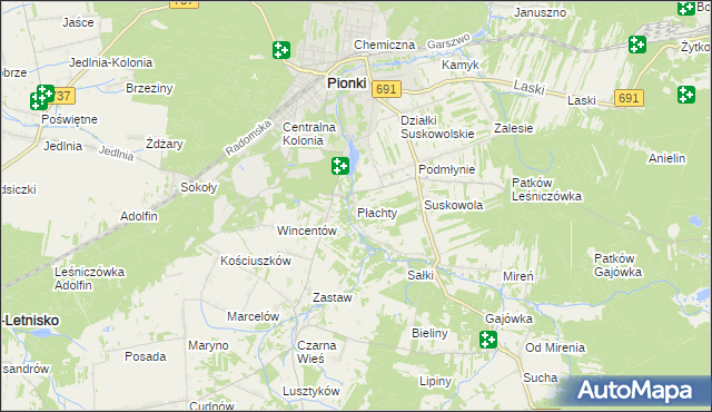 mapa Płachty gmina Pionki, Płachty gmina Pionki na mapie Targeo