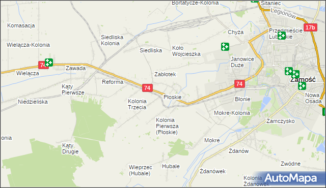 mapa Płoskie gmina Zamość, Płoskie gmina Zamość na mapie Targeo