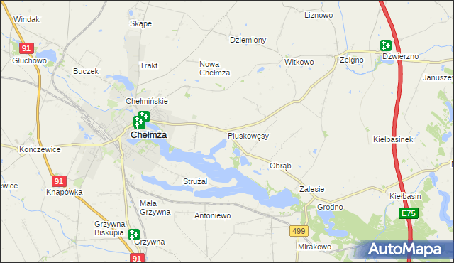 mapa Pluskowęsy gmina Chełmża, Pluskowęsy gmina Chełmża na mapie Targeo