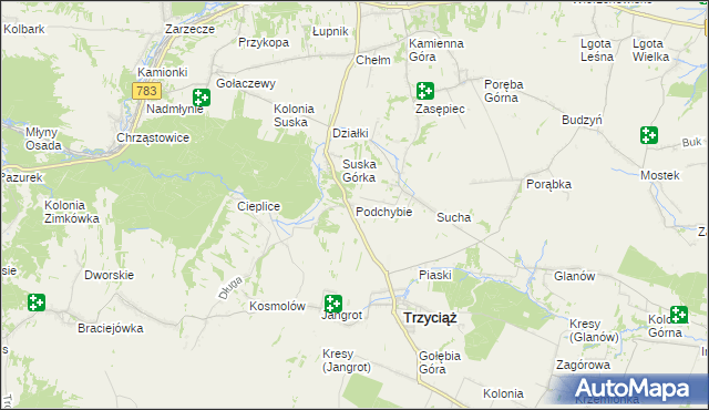 mapa Podchybie gmina Trzyciąż, Podchybie gmina Trzyciąż na mapie Targeo