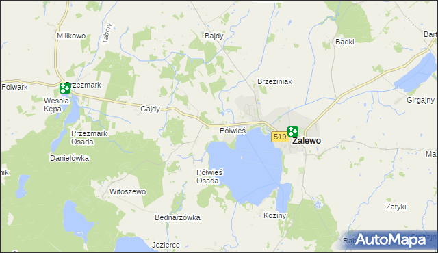 mapa Półwieś gmina Zalewo, Półwieś gmina Zalewo na mapie Targeo