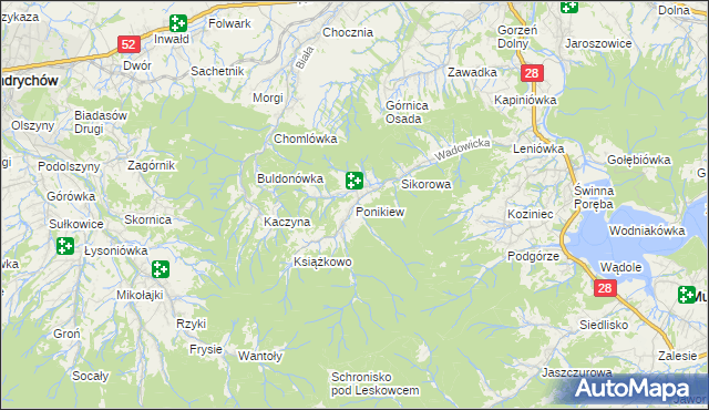 mapa Ponikiew gmina Wadowice, Ponikiew gmina Wadowice na mapie Targeo