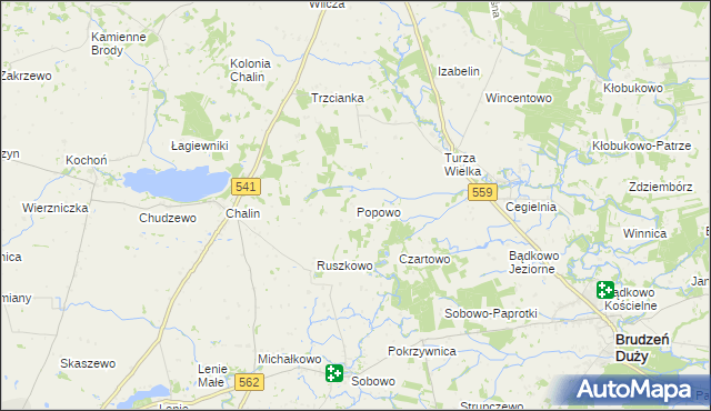 mapa Popowo gmina Tłuchowo, Popowo gmina Tłuchowo na mapie Targeo