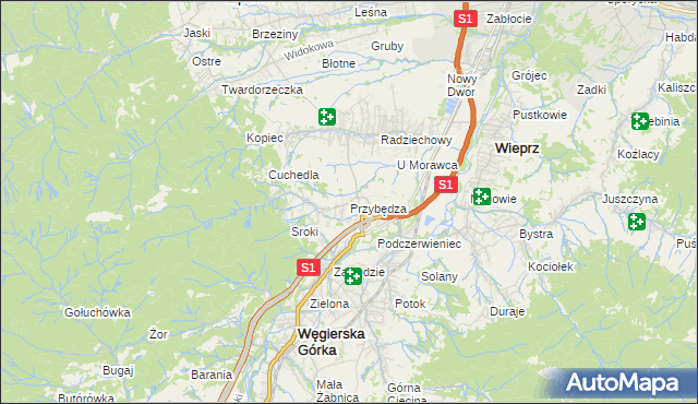 mapa Przybędza, Przybędza na mapie Targeo