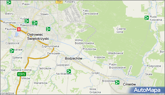 mapa Przyborów gmina Bodzechów, Przyborów gmina Bodzechów na mapie Targeo