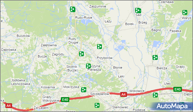 mapa Przyborów gmina Borzęcin, Przyborów gmina Borzęcin na mapie Targeo