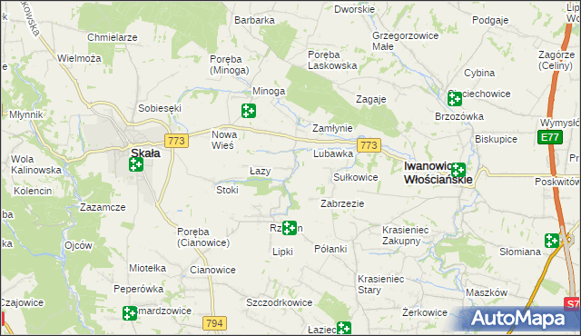 mapa Przybysławice gmina Skała, Przybysławice gmina Skała na mapie Targeo