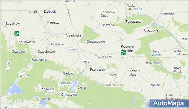 mapa Przybyszów gmina Kobiele Wielkie, Przybyszów gmina Kobiele Wielkie na mapie Targeo