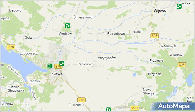 mapa Przybyszów gmina Sława, Przybyszów gmina Sława na mapie Targeo