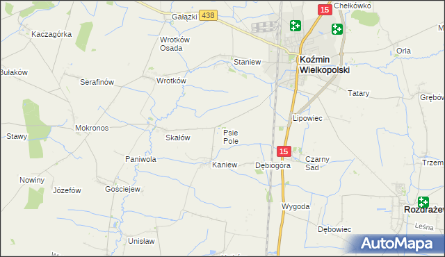 mapa Psie Pole gmina Koźmin Wielkopolski, Psie Pole gmina Koźmin Wielkopolski na mapie Targeo