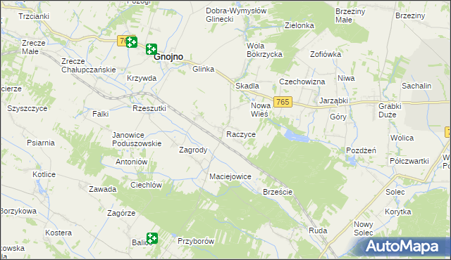 mapa Raczyce gmina Gnojno, Raczyce gmina Gnojno na mapie Targeo