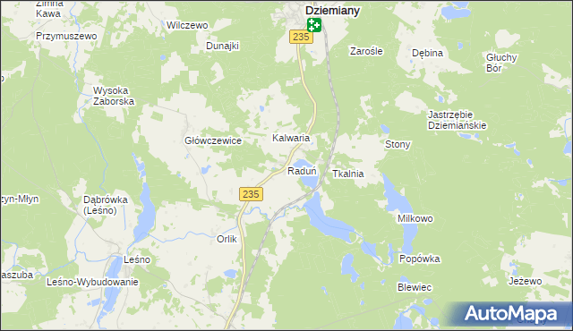 mapa Raduń gmina Dziemiany, Raduń gmina Dziemiany na mapie Targeo