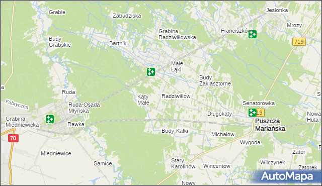 mapa Radziwiłłów gmina Puszcza Mariańska, Radziwiłłów gmina Puszcza Mariańska na mapie Targeo