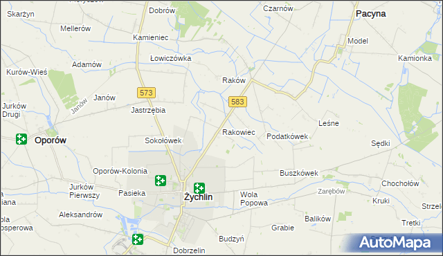 mapa Rakowiec gmina Pacyna, Rakowiec gmina Pacyna na mapie Targeo