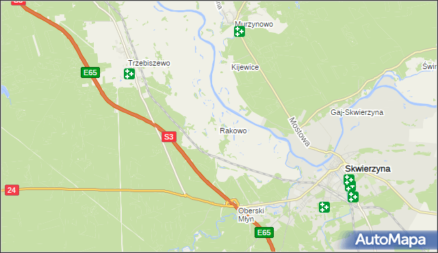 mapa Rakowo gmina Skwierzyna, Rakowo gmina Skwierzyna na mapie Targeo