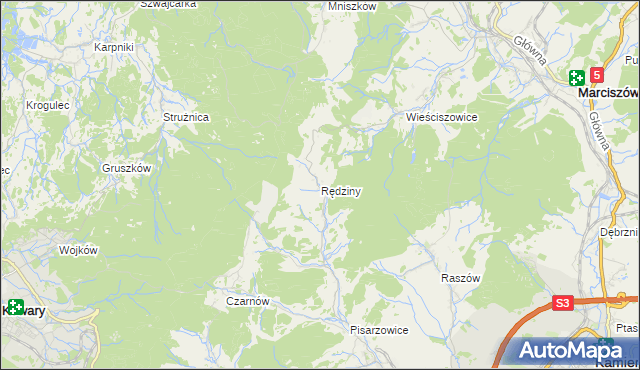 mapa Rędziny gmina Kamienna Góra, Rędziny gmina Kamienna Góra na mapie Targeo