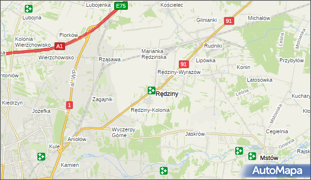 mapa Rędziny powiat częstochowski, Rędziny powiat częstochowski na mapie Targeo