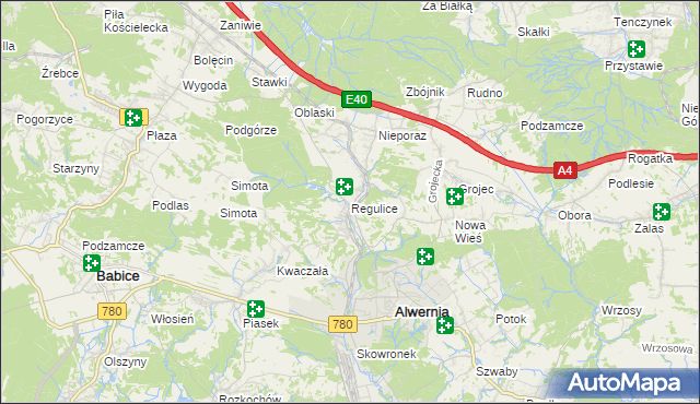 mapa Regulice gmina Alwernia, Regulice gmina Alwernia na mapie Targeo