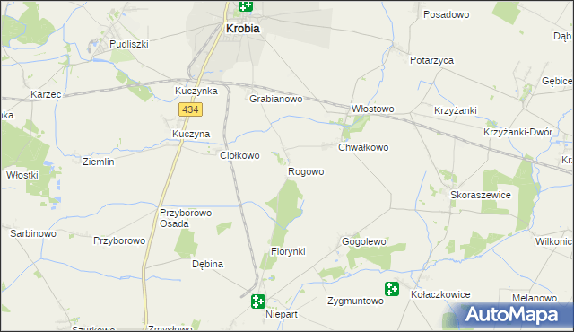 mapa Rogowo gmina Krobia, Rogowo gmina Krobia na mapie Targeo