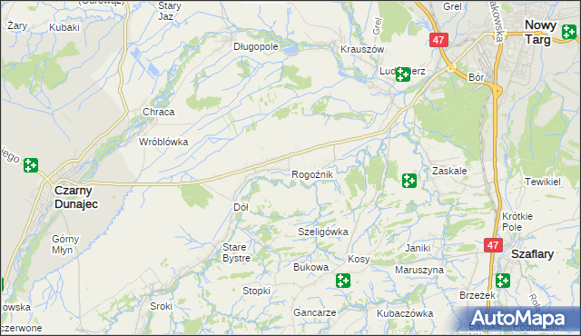 mapa Rogoźnik gmina Nowy Targ, Rogoźnik gmina Nowy Targ na mapie Targeo