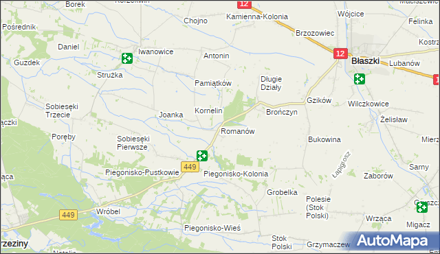 mapa Romanów gmina Błaszki, Romanów gmina Błaszki na mapie Targeo