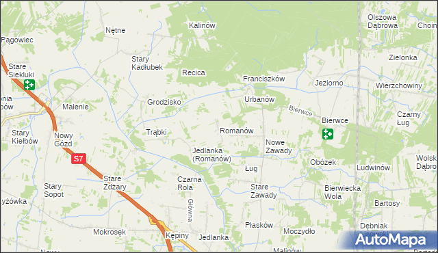 mapa Romanów gmina Jedlińsk, Romanów gmina Jedlińsk na mapie Targeo